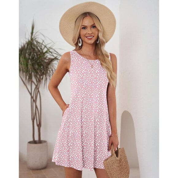 Women's Pink Horseshoe Sleeveless Crew Neck Summer Boho Beach Dress with Pockets - Picture 2 of 5